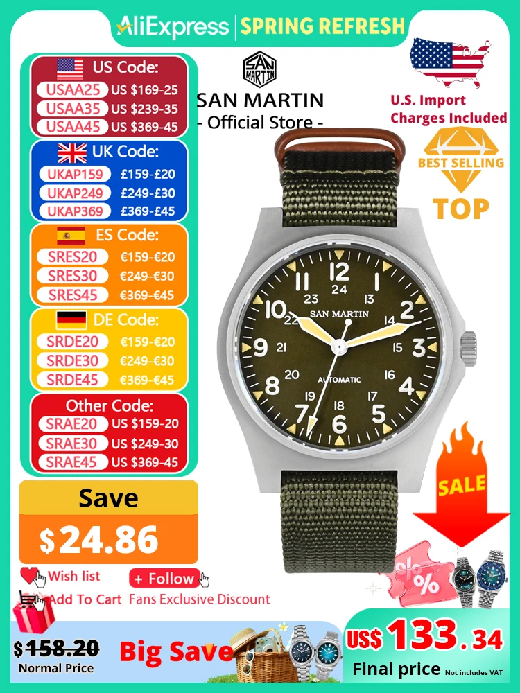 San Martin Pilot Watch 38mm NH35 Retro Military Automatic Mechanical Wristwatch Bead Blasted Case Waterproof 100m SN0137
