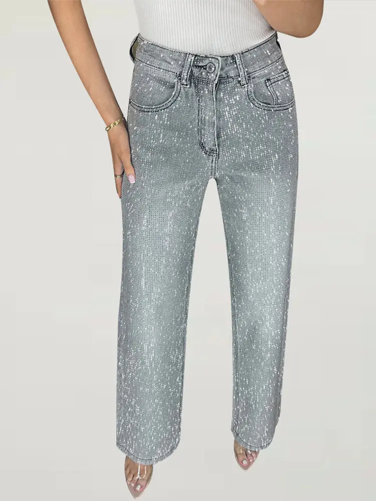 

Trendy Women's High Waist Straight Leg Denim Jeans All-Over Luxury Rhinestone Decoration 2000s Lady Streetwear Casual Trousers