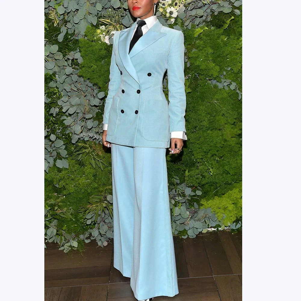 

Sky Blue Women Suits High Quliaty Casual Peaked Lapel Straight Outfits Fashion Business Social Party Formal Set 2 Pieces