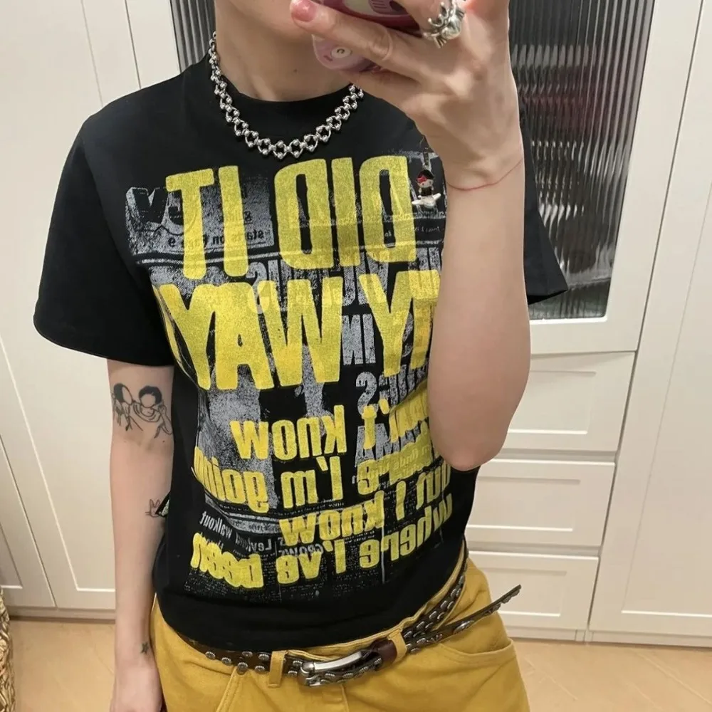 Koreańska koszulka z nadrukiem marki Y2K 100% czystej bawełny Dark Punk Harajuku Hip-hop Graphic Tee Loose Casual Men Women Top Casual