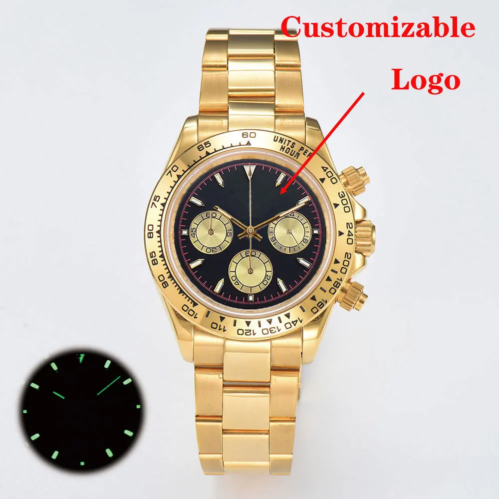 Золотые часы на заказ VK63, хронограф, сапфировое стекло, ремешок из нержавеющей стали, роскошные деловые мужские водонепроницаемые часы