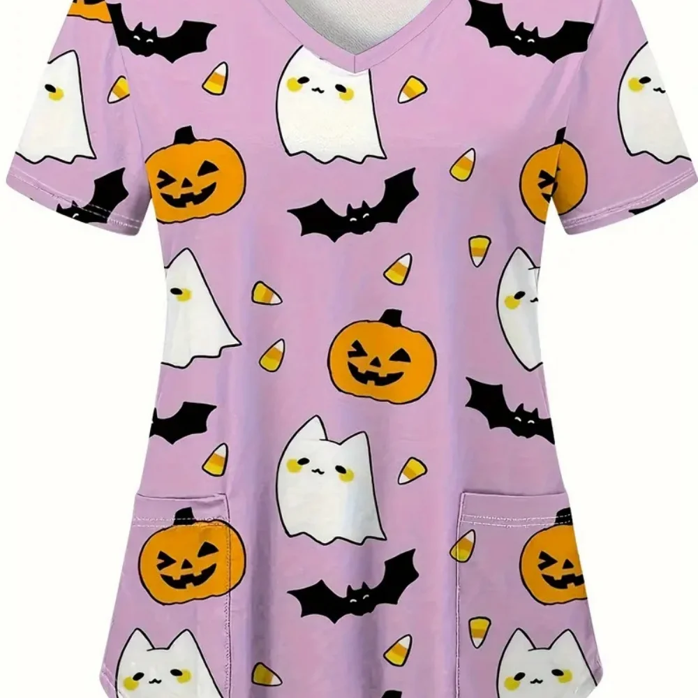 Halloween Surgical Uniforms Woman Cartoon Print Fashions Nurse Casual V-Neck Short Sleeve Patch Contest Clinical Uniform Woman