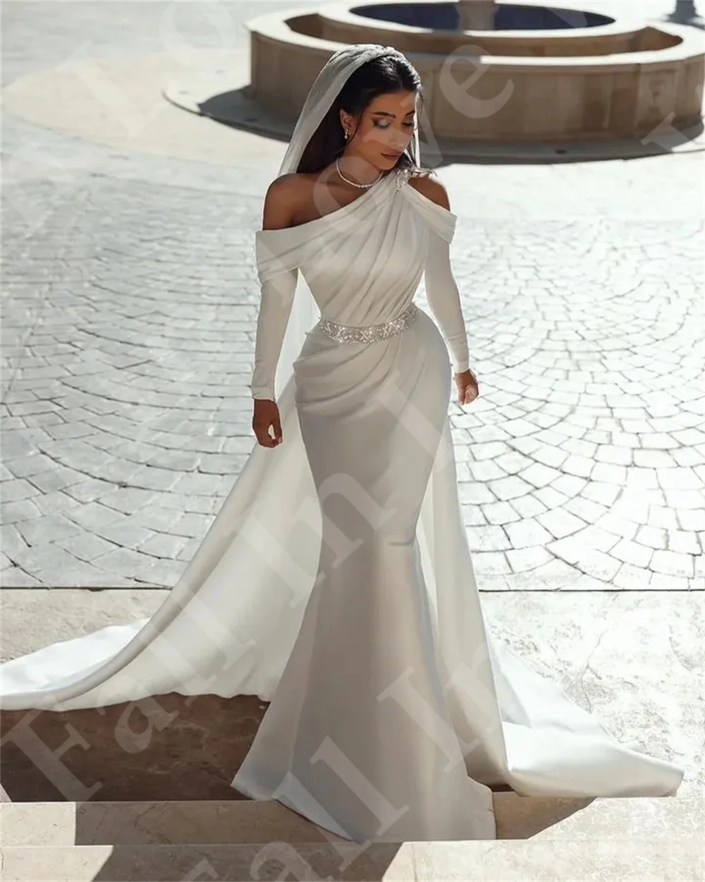 Vestido de novia con cinturón de lentejuelas brillantes, hombros descubiertos, mangas largas, satén, plisado de sirena, hasta el suelo, Elegantes Para Mujeres