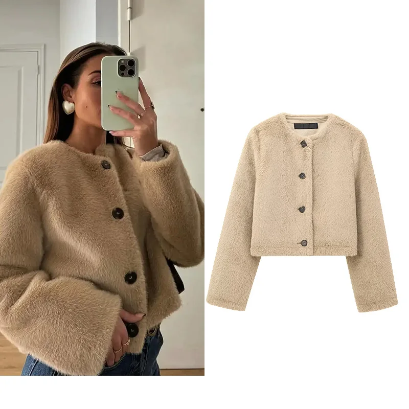 

Женская короткая куртка из искусственного меха, осенняя куртка на пуговицах с длинными рукавами и круглым вырезом с карманами, повседневные женские топы, женская верхняя одежда