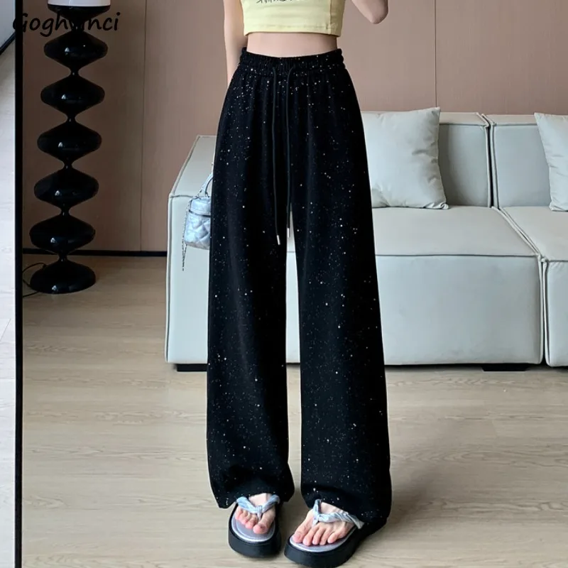 

High Waist Pants Women Ice-silk Straight Mopping Casual Rhinestones Design Popular Streetwear Young Korean Fashion Summer Mujer