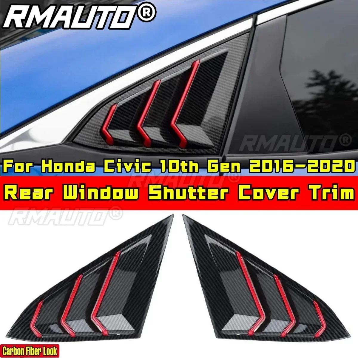 For Honda Civic 10th Gen 2016-2020 Body Kit Carbon Fiber Look Red Style Rear Window Shutter Cover Trim Car Accessories