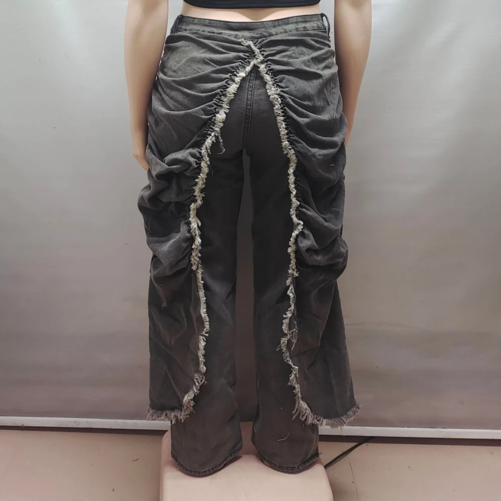 Coole Streetwear 2026 Trendige Lässige Gewaschene Hosen Jeans Damen Denim Rüschen Geraffte Drapierte Cargo-Hosen Einfarbige Damenjeans – Detail 10