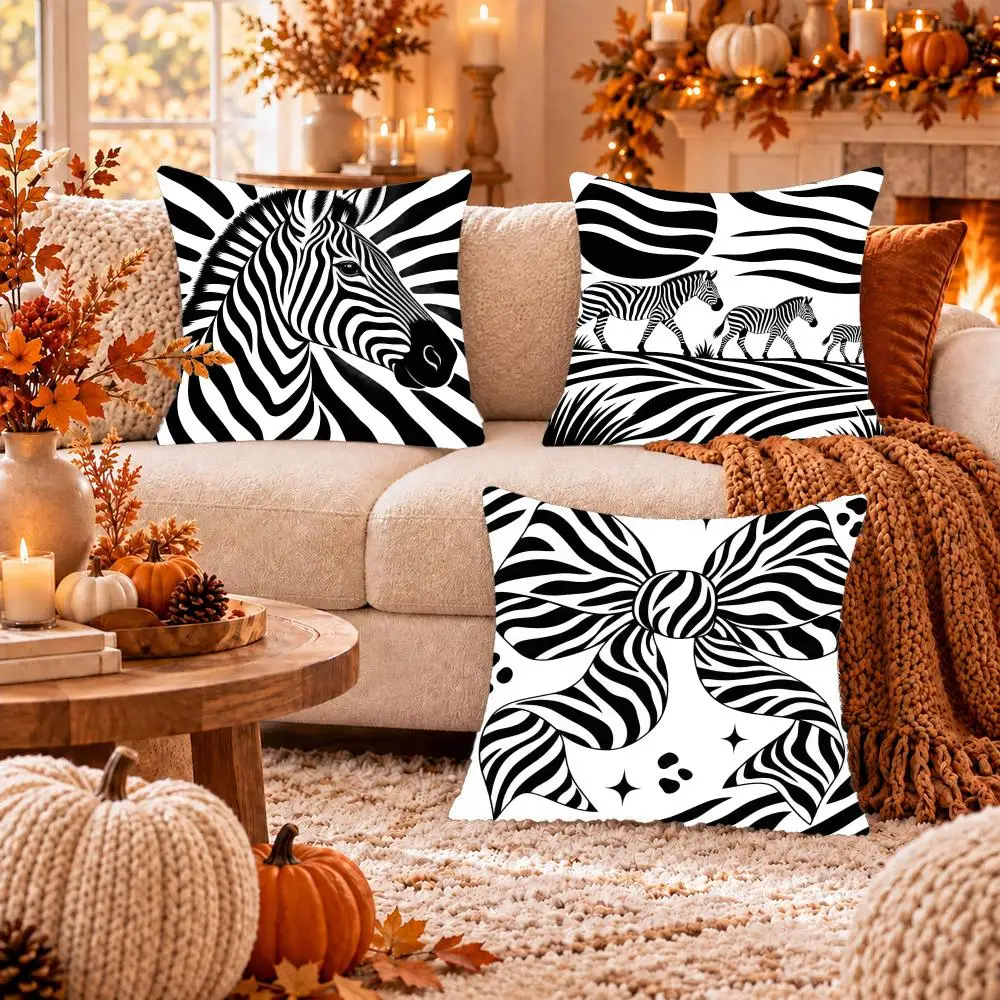 Monochrome Zebra Pattern Cushion Cover Soft Short Plush Pillow Cover Smooth Cozy Texture Cushion Case Home Decor