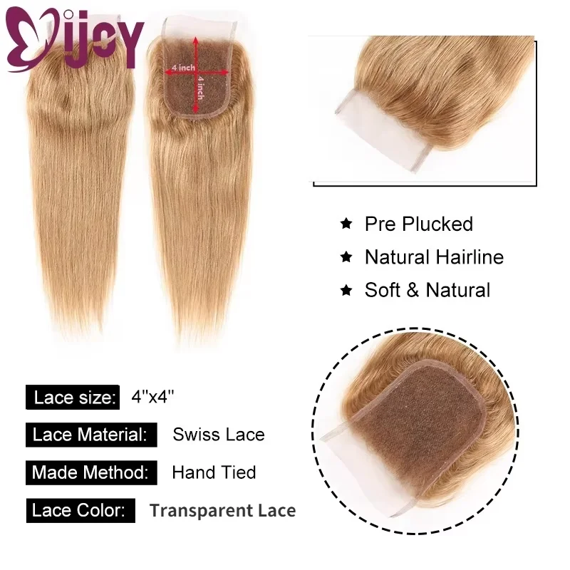 Pacotes de cabelo humano reto com fechamento brasileiro remy cabelo 3/4 pacotes com fechamento 4x4 mel loira pacotes com fecho ijoy