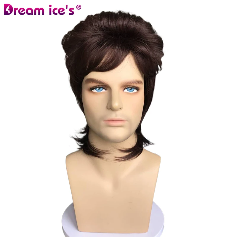 Short Dark Brown Straight Wavy MoeLoli Mullet Rocker Synthetic Wig For 70s 80s Dico Men Mullet Cosplay Wig For Halloween Costume