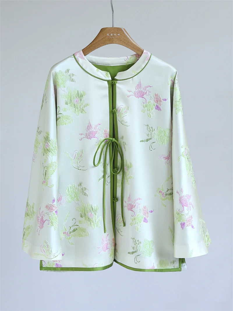 

New Chinese Sle Silk Emed Floral Early Spring Jaet Women's Belted Coat National Sle Button up ort Outerwear