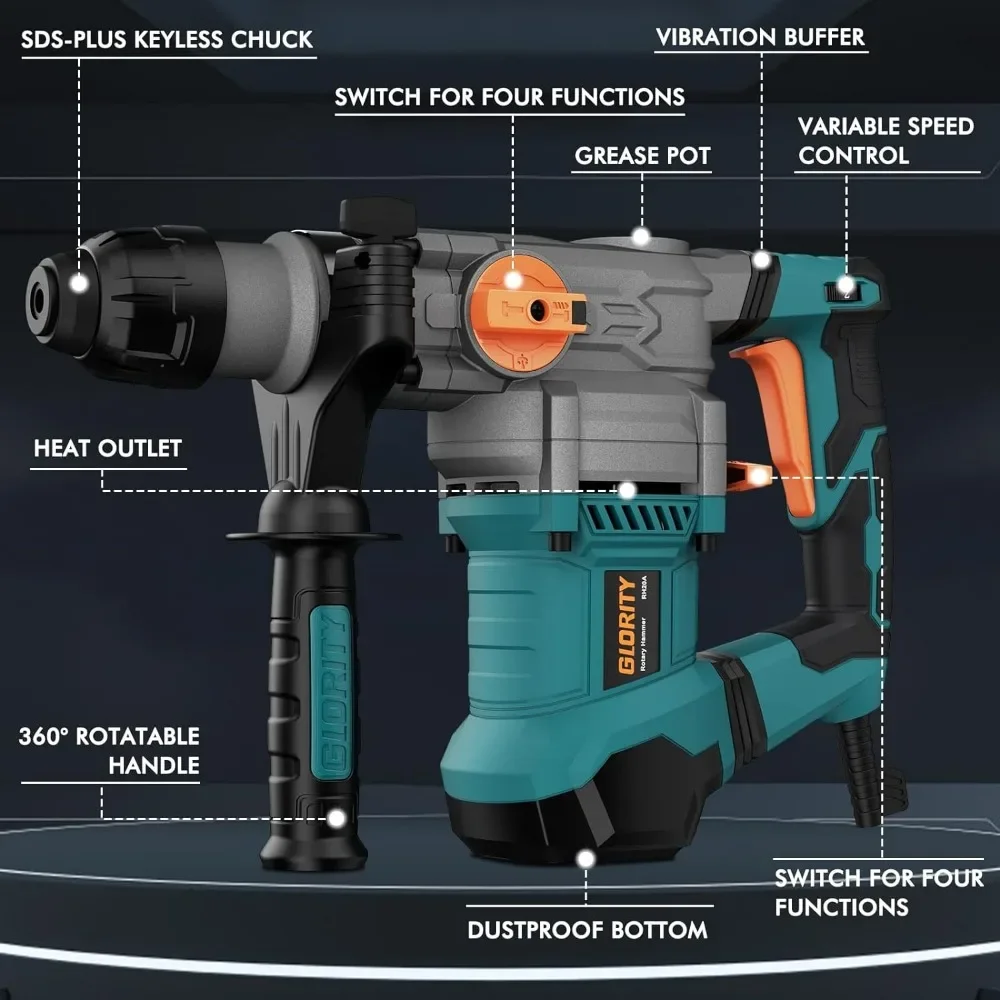 1/4 Inch 13 Amp Heavy Duty Rotary Hammer Drill with Aluminum Alloy Housing, Safety Clutch 4 Functions and Variable Speed