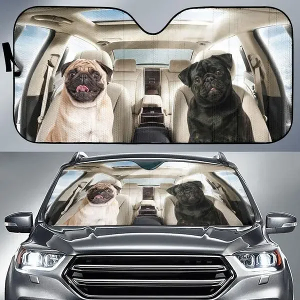 Funny Black and Fawn Pug Couple Driving Car Sunshade, Pug Mom Car Decor, Meaning Gift for Pug Lovers, Car Windshield Durable Aut