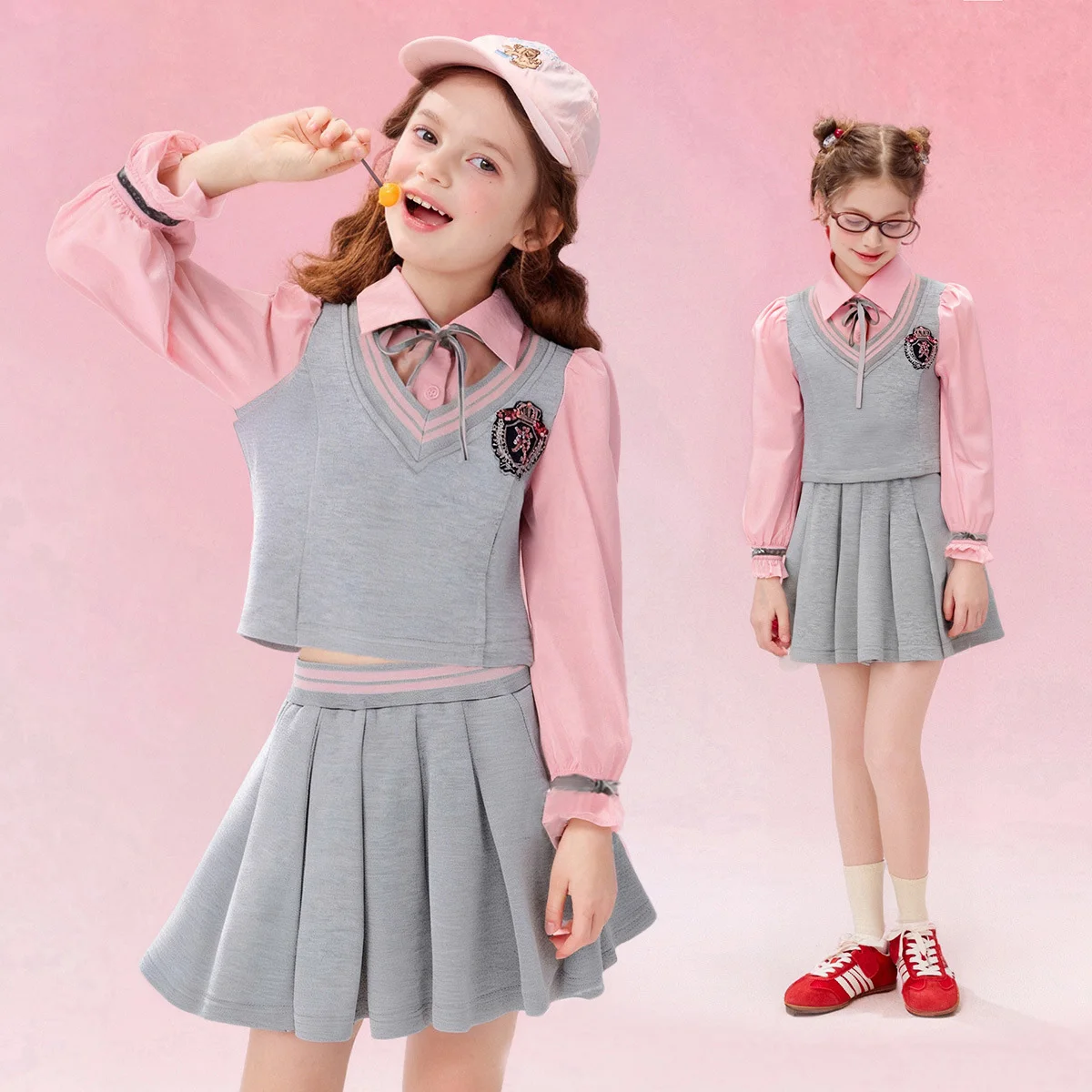 

Autumn Kid Girl Two-piece Set Turn Down Collar Patchwork T-shirt+Elastic Waist Skirt Baby Girl Set Long Sleeves School Girl Set