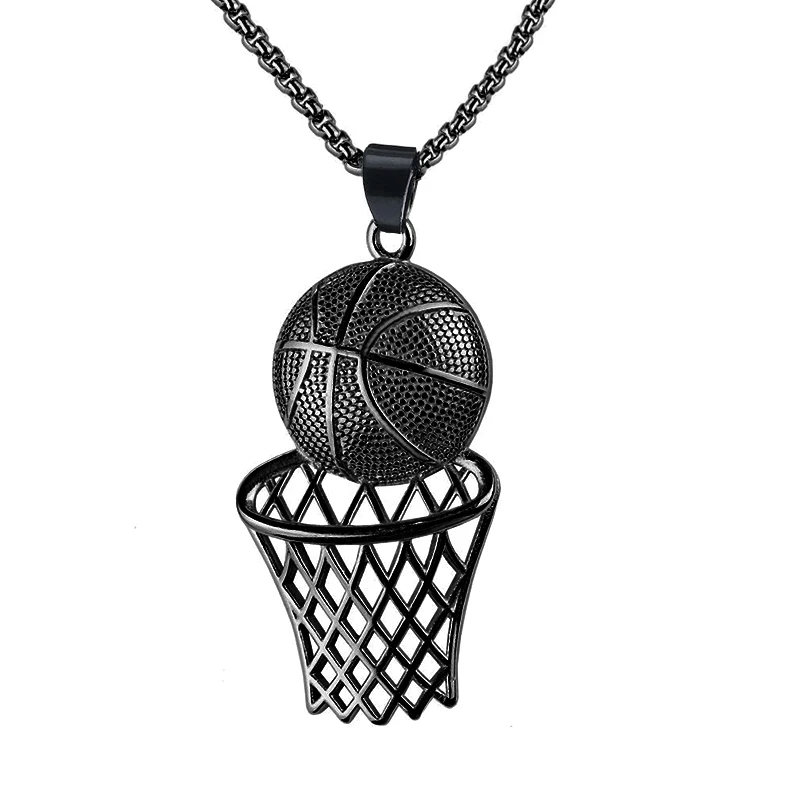 Hip Hop Basketball Hoop and Ball Pendant Necklace Sport Black Basketball Necklaces For Men Boys Jewelry