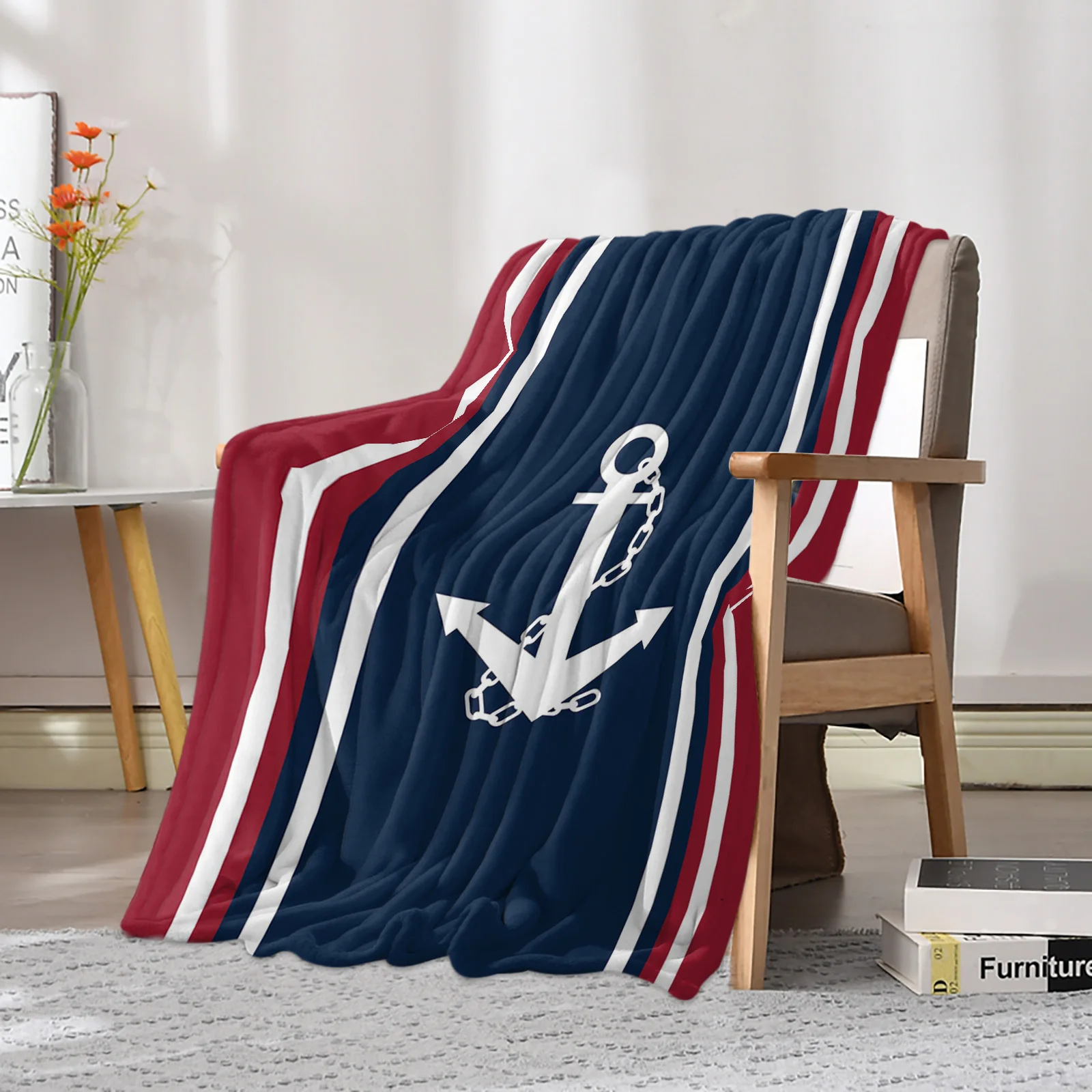 Vertical Blue Red Stripe White Anchor Printed Throw Blanket Flannel Fleece Blankets Throws for Sofa Couch Bed Bedroom Bedspread