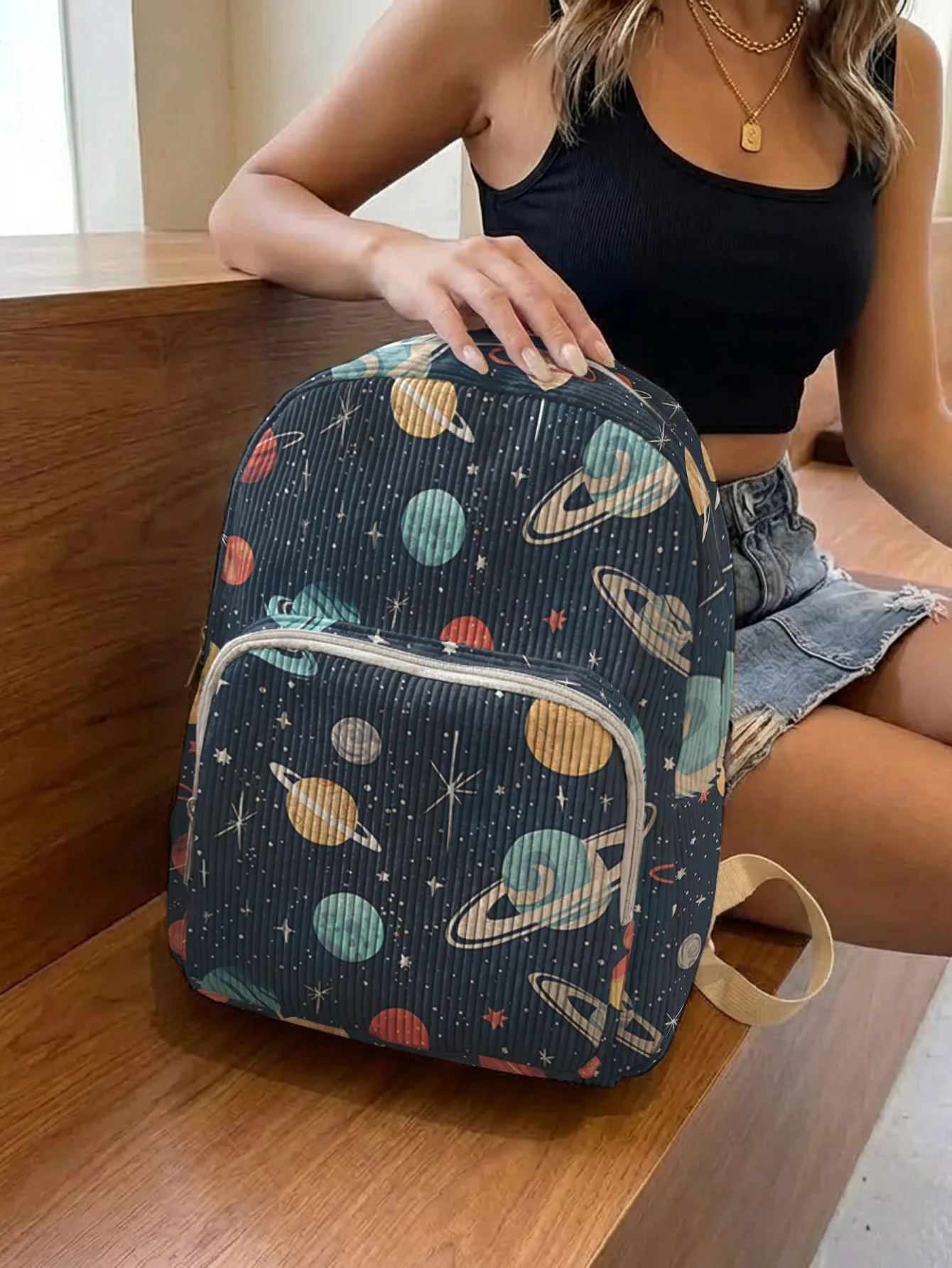 Planet Star Space Allover Print Kids Backpack Dark Blue Corduroy Multi-pocket Large Capacity School Travel Bag view 4