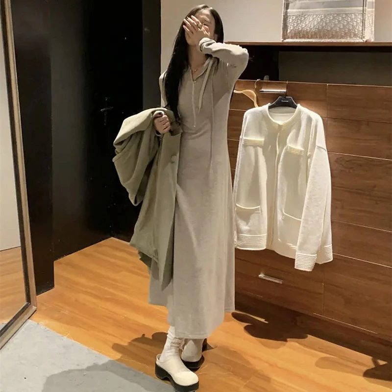 Elegant Hooded Long Sleeve Dresses Women Autumn Winter Fashion Slim Knitted Solid Dresses Korean Casual All Match Long Vestidos