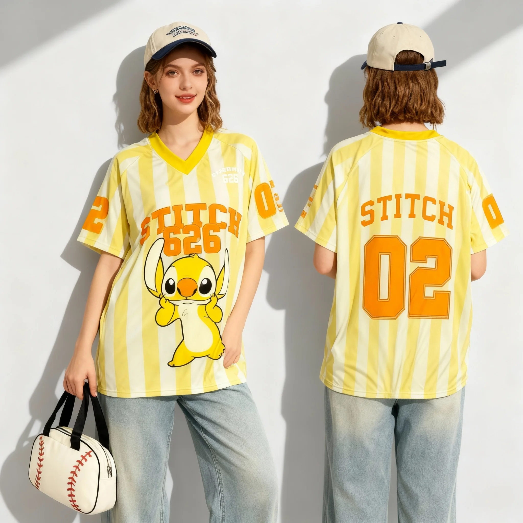 Спортивная рубашка серии Disney Stitch 2026, милая и крутая американская уличная летняя футболка, женский новый топ больших размеров для взрослых