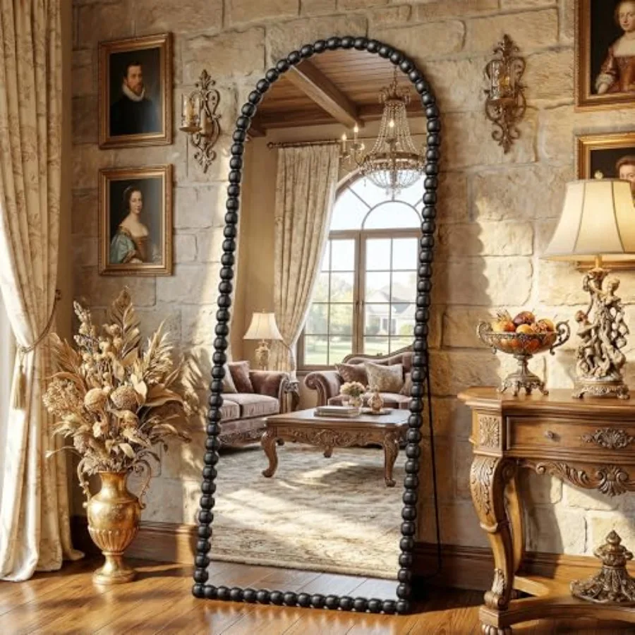 57 x 21 Arched Full Length Mirror Antique Beaded Frame Floor Standing or Wall Mounted Mirror with Stand for Bedroom Entryway Bl