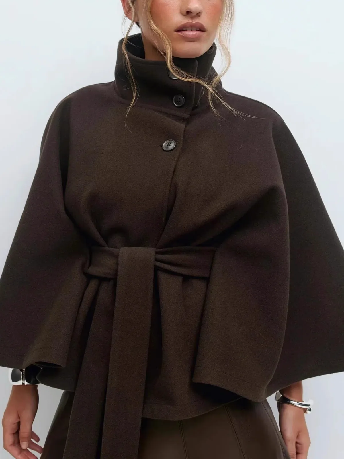 

Retro Sle Women's Coat ort Loose Long Sve Stand Collar Belted Woolen Jaet Autumn New Arrival Simple Design