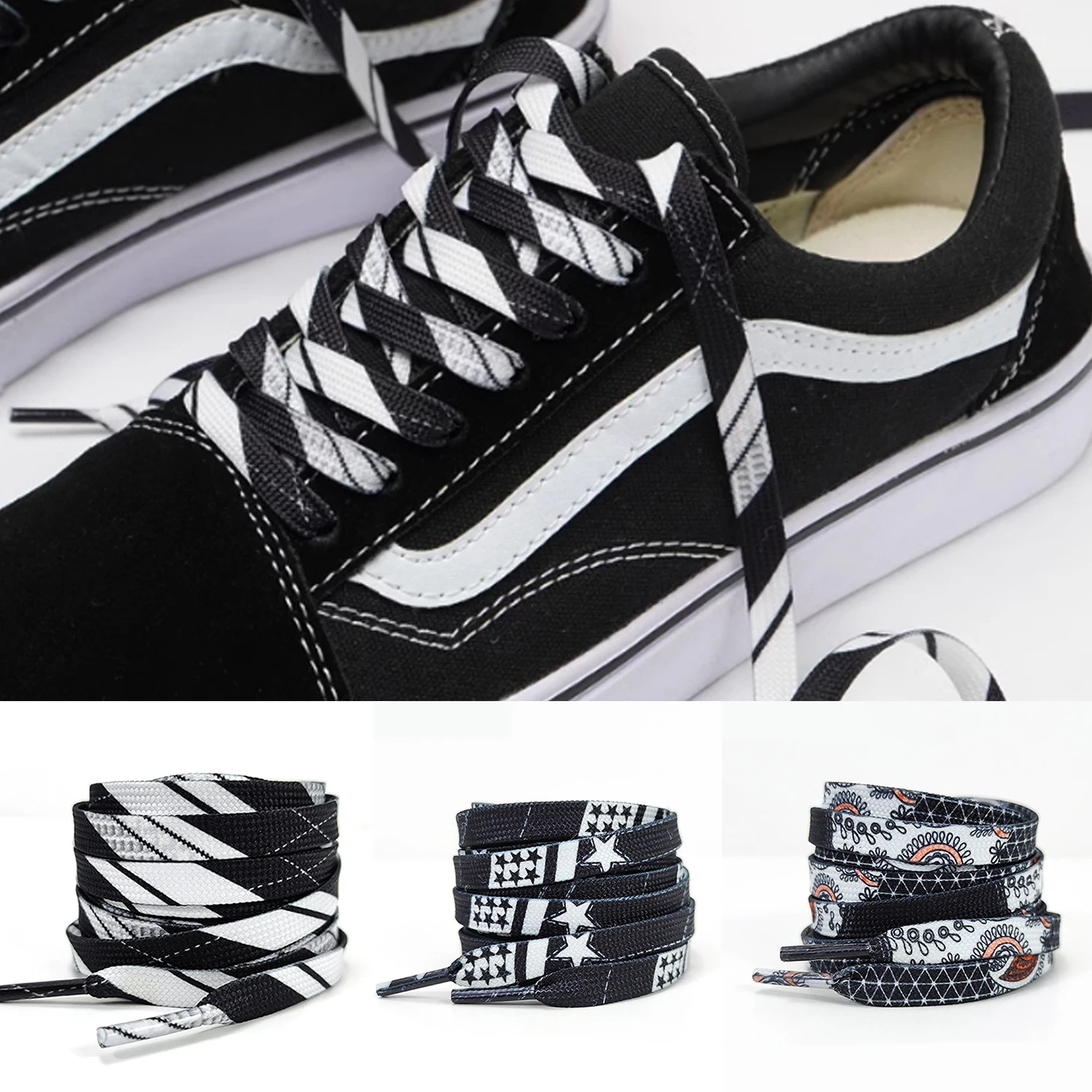 1 Pair Fashion Star Cashew Flower Print Shoe Laces Flat Shoestring Sneakers Shoe Strap Shoelaces 120cm