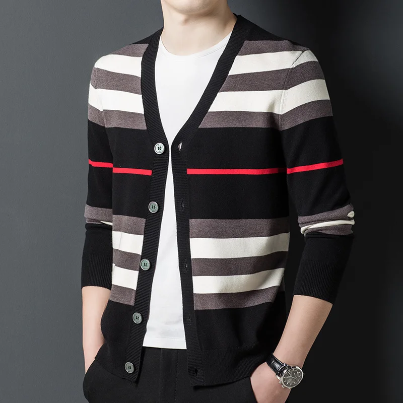 high-end Men's knitted cardigan 2022 spring new casual striped color matching sweater quality jacket coat