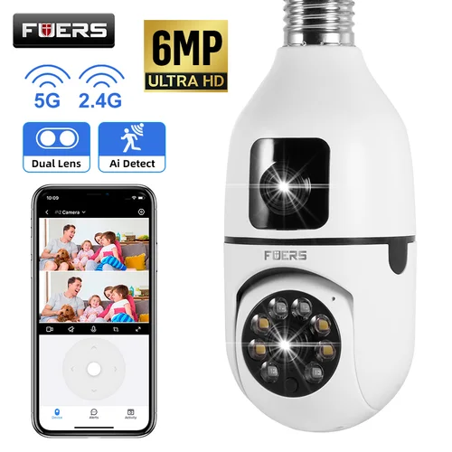 FUERS 3K 6MP E27 bombilla WiFi cámara 5G lente Dual pantalla seguimiento automático Audio bidireccional Color visión nocturna Mini cámara de seguridad
