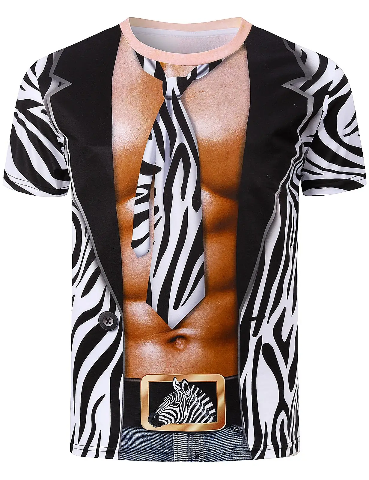 Men's Novelty Faux Muscle Set: 3D Print T-Shirt with Zebra Stripe Pattern – Fun Top for Halloween, Carnival, and Costume Parties