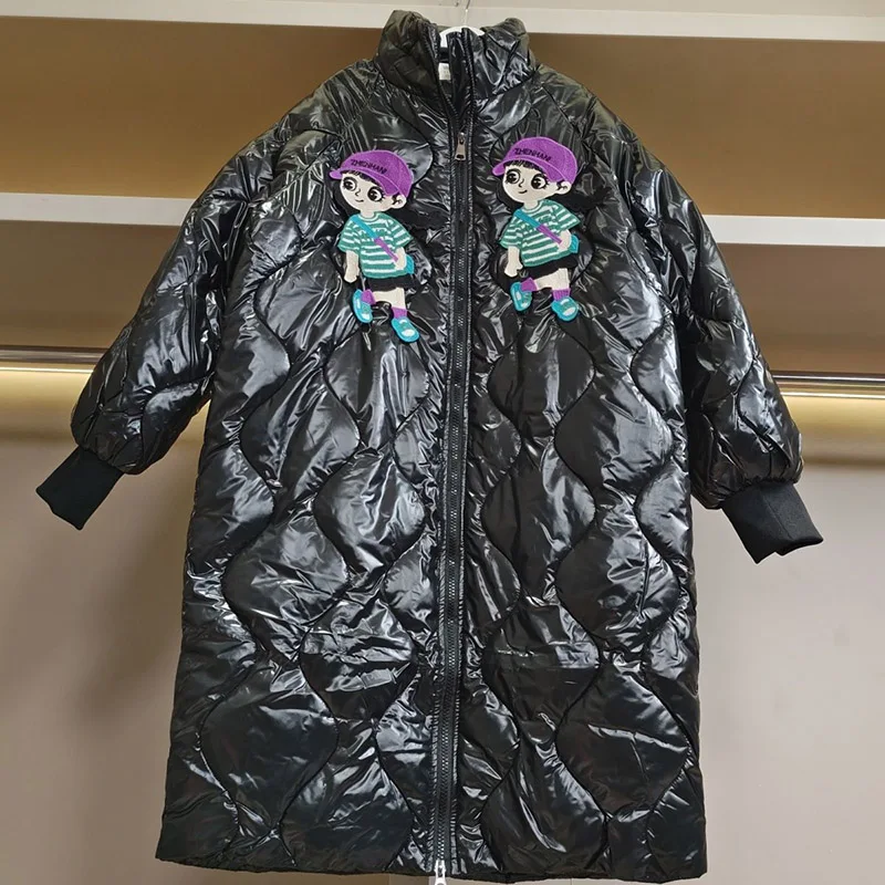 

Black women's mid length stand up collar winter new Korean version fashionable casual over the knee cotton jacket