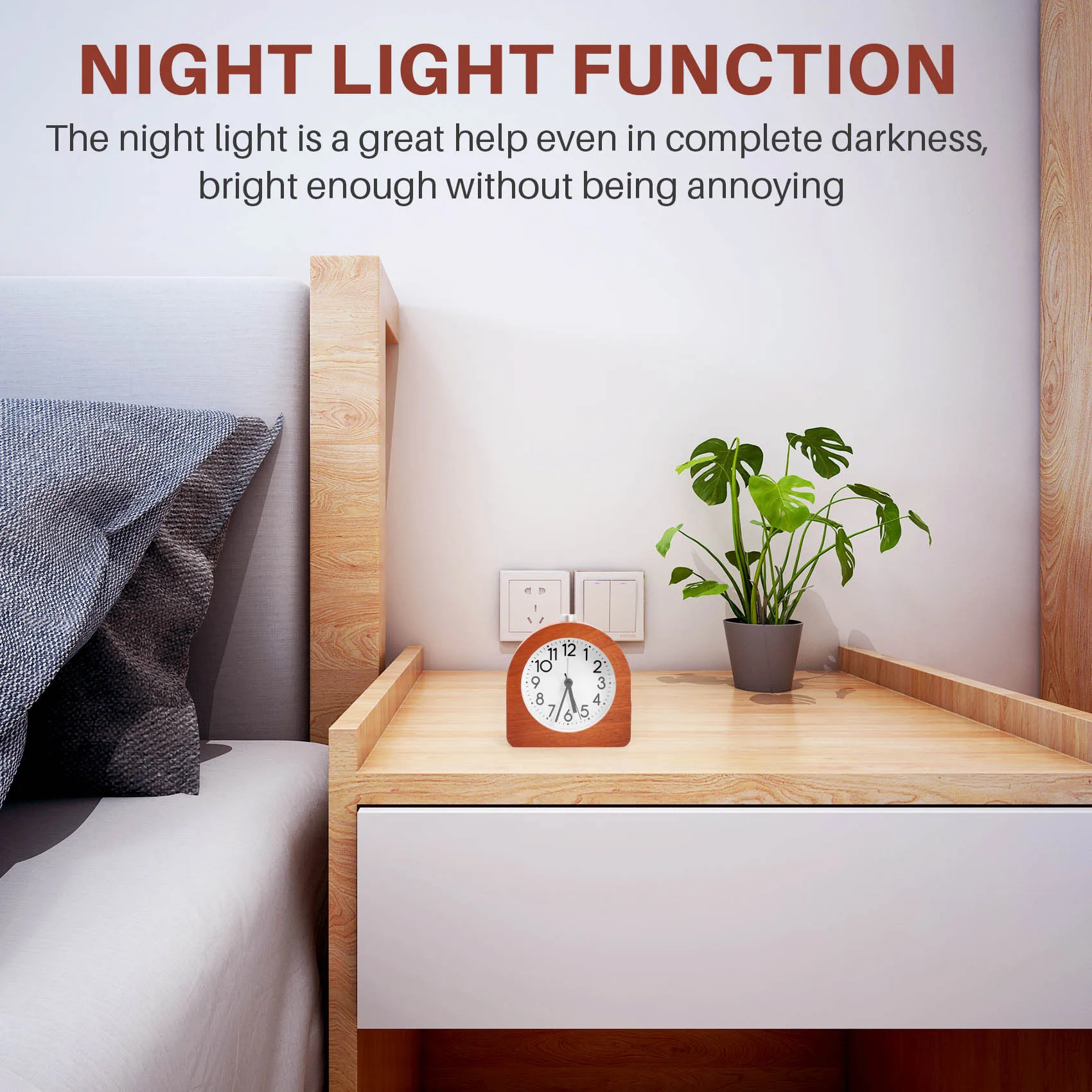 TOP Alarm Clock Without Ticking Retro Wooden Alarm Clock with Dial Alarm Light Quiet Table Clock with Snooze Function A