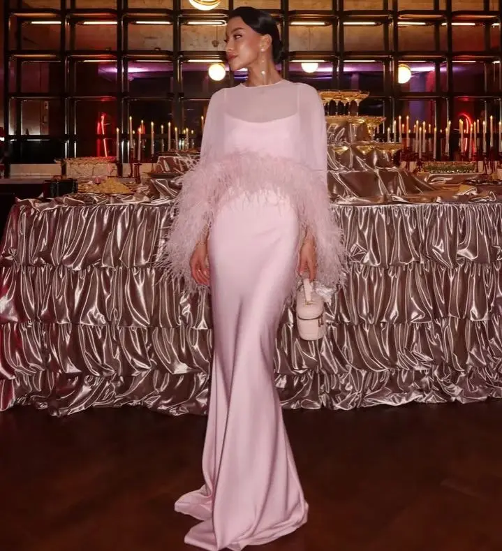 Pink High Neck Evening Gowns Saudi Arabia Prom Dresses Fashion Sheath Party Dress Formal Wedding Party Dress Customized