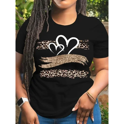 Imagen 1 del producto 100% de algodón para mujer, camiseta de manga corta con cuello redondo y corazón de San Valentín, camisetas gráficas informales de verano