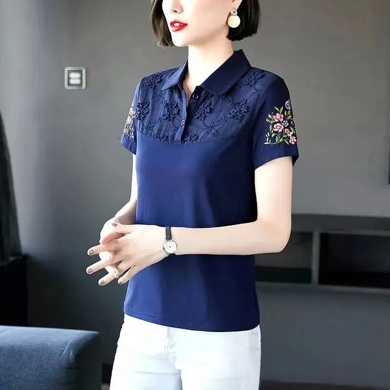 Summer New Turn-down Collar Short Sleeve Button Polo Shirts Women Solid Color Embroidered Pullovers Pure Cotton All-match Tops