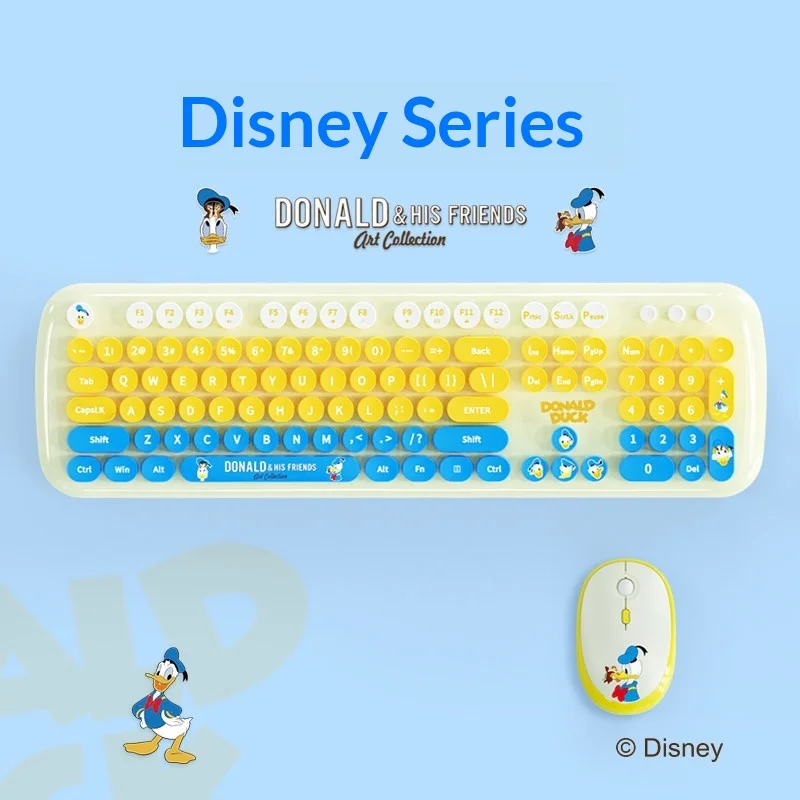 

Беспроводная клавиатура и мышь Disney Donald Duck, 2,4 г, с круглыми клавишами в мультяшном стиле, для офиса, дома, ноутбука, идеальный подарок для детей и взрослых
