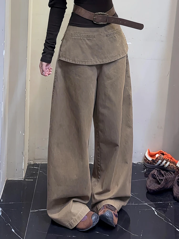 ReddaChic-pantalones largos rectos para mujer, pantalón Retro caqui liso, informal, holgado, de tiro alto, por encima de la parte delantera, Palazzo