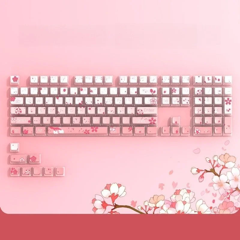 

116Keys Gradient Cherry Blossom DIY Keycap Set PBT Side-Transparent Keycap for Mechanical Keyboard 87/96/98/100/108 Key Layouts
