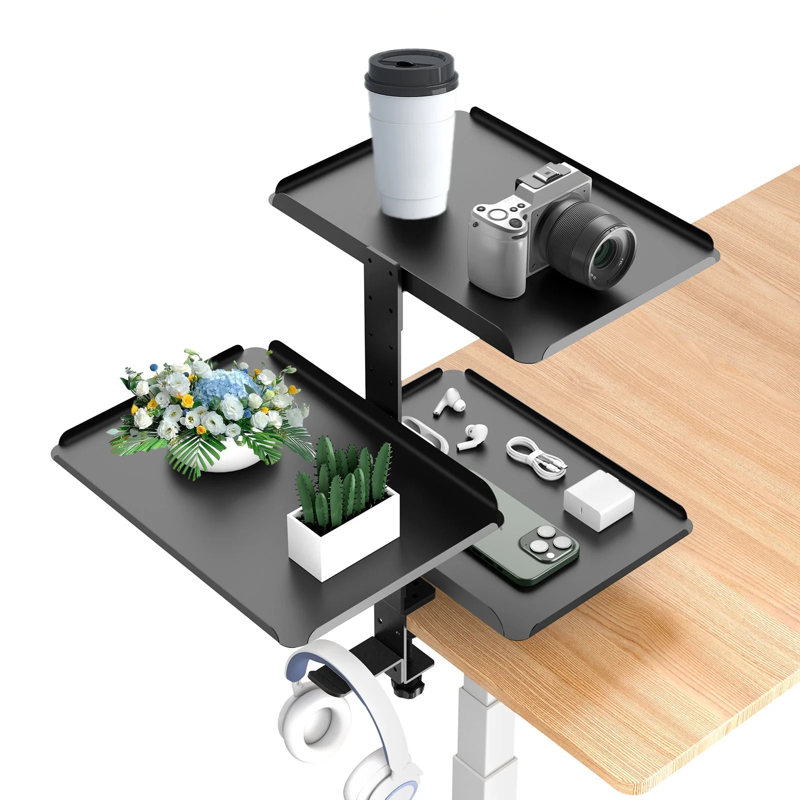 Étagère de bureau à 3 niveaux à fixer par pince, support de bureau réglable sans perçage, organisateur de bureau, rangement, économie d'espace, pinces pour ordinateur