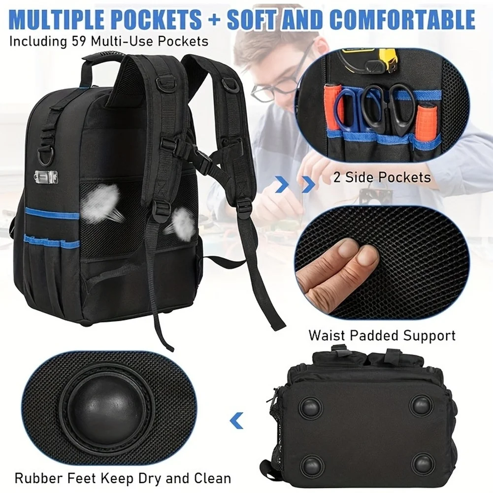 Organized Tool Backpack with Movable Base Plate Multiple Pockets and Cushioned Compartments 30x16x40cm Black Toolkit