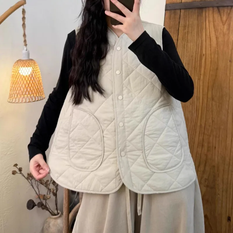 

Casual Versatile Large Size Artistic Autumn Winter New Style Thin Cotton Quilted Vest Women's Side Pocket Dark Buttoned Top