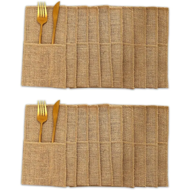10 pochettes à couverts en jute naturel avec dentelle, pour mariage, Noël, fête, décoration, porte-ustensiles en chanvre