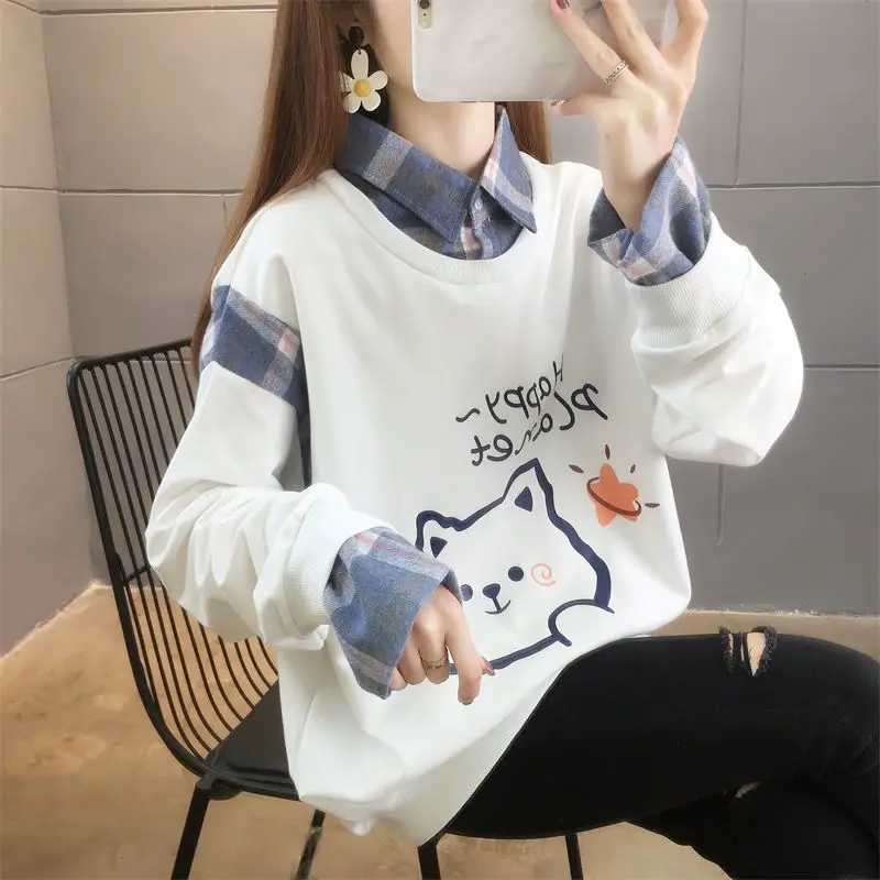 Autumn Fashion Two Fake Pieces Printing Letter Sweatshirts Women New Long Sleeve Personality Design Polo Collar All-match Top