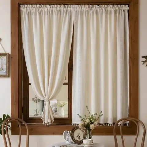 Mezze tende francesi per finestre, tende corte, tulle, nappe, texture, partizione attraverso l'asta, tende per porte in lino di cotone intrecciato retrò