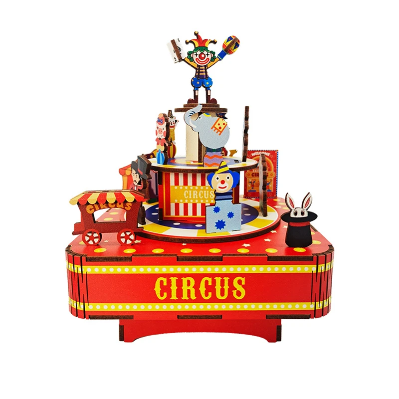 DIY Circus Music Box Wooden Model Building Kits 3D Jigsaw Puzzles Assembly Toys for Children Birthday Gifts Home Decoration