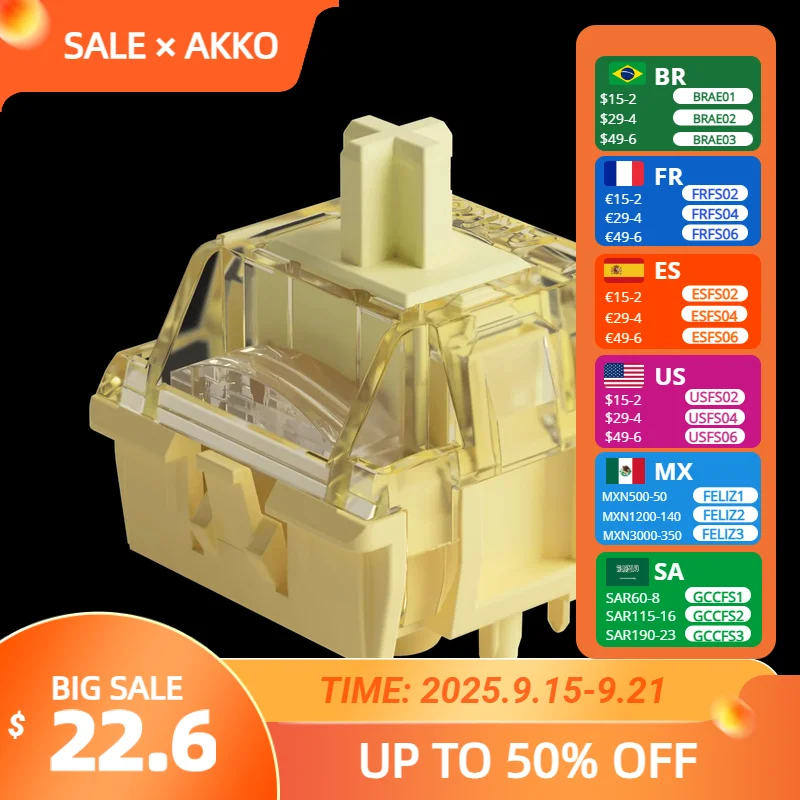 

Akko V5 Pro кремово-желтый переключатель 5-контактный 50gf Thocky линейный переключатель с заводской смазкой, совместимый с механической клавиатурой Cherry MX, 45 шт.