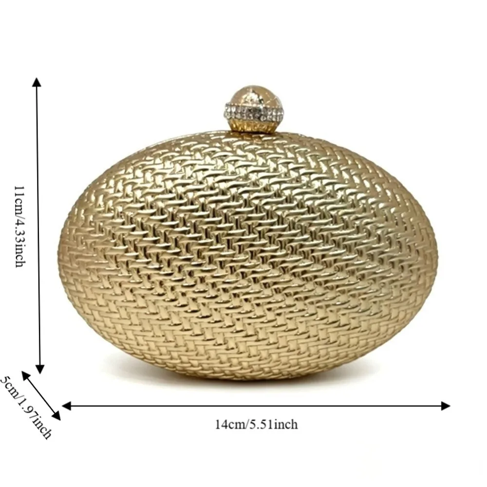 PU Evening Clutch Bag Oval Shape Rhinestone Closure Hard Shell Crossbody Bag Metallic Woven Detachable Chain Braided Handbag view 6