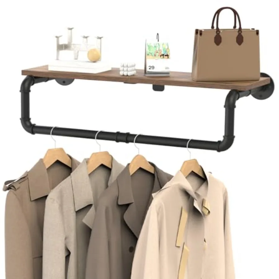 

dustrial Pipe Clothes Rack, Heavy Duty Iron Wall Mounted Garment Rack for Hangg Clothes, Shelf with Hangg Rod,,Black