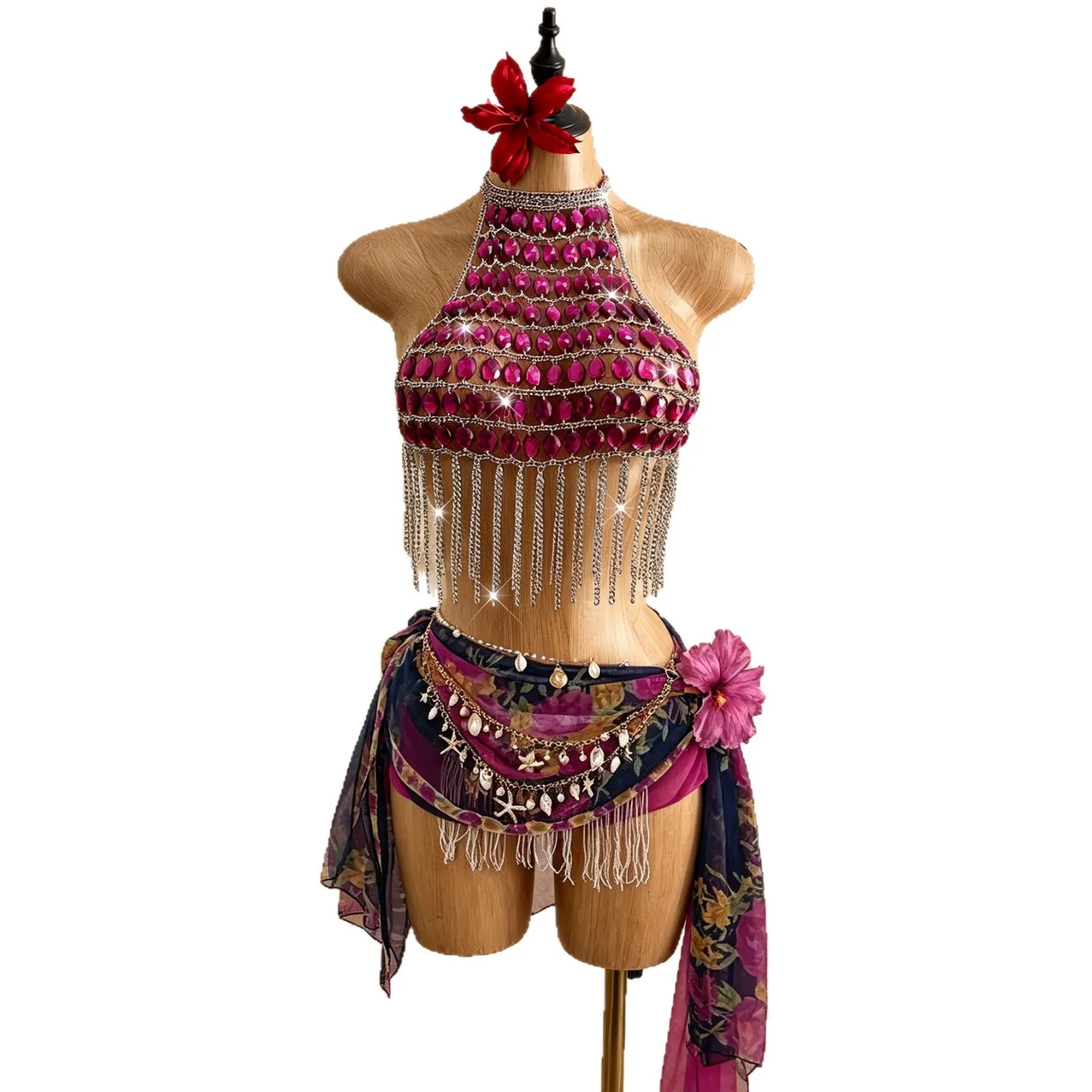 New European And American Bright Rose Red Gemstone Metal Chain Tassel Vest Heavy-Duty Halter Sexy Party Body Chain