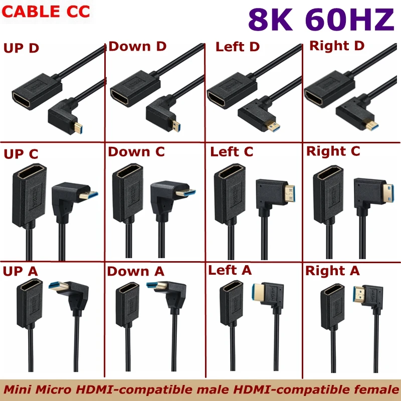 

0.3M HDMI Compatible Female to Angled Micro/Mini HDMI Compatible Male 4K/8K 60Hz Camera Tablet to TV Ultra Thin HD Cable