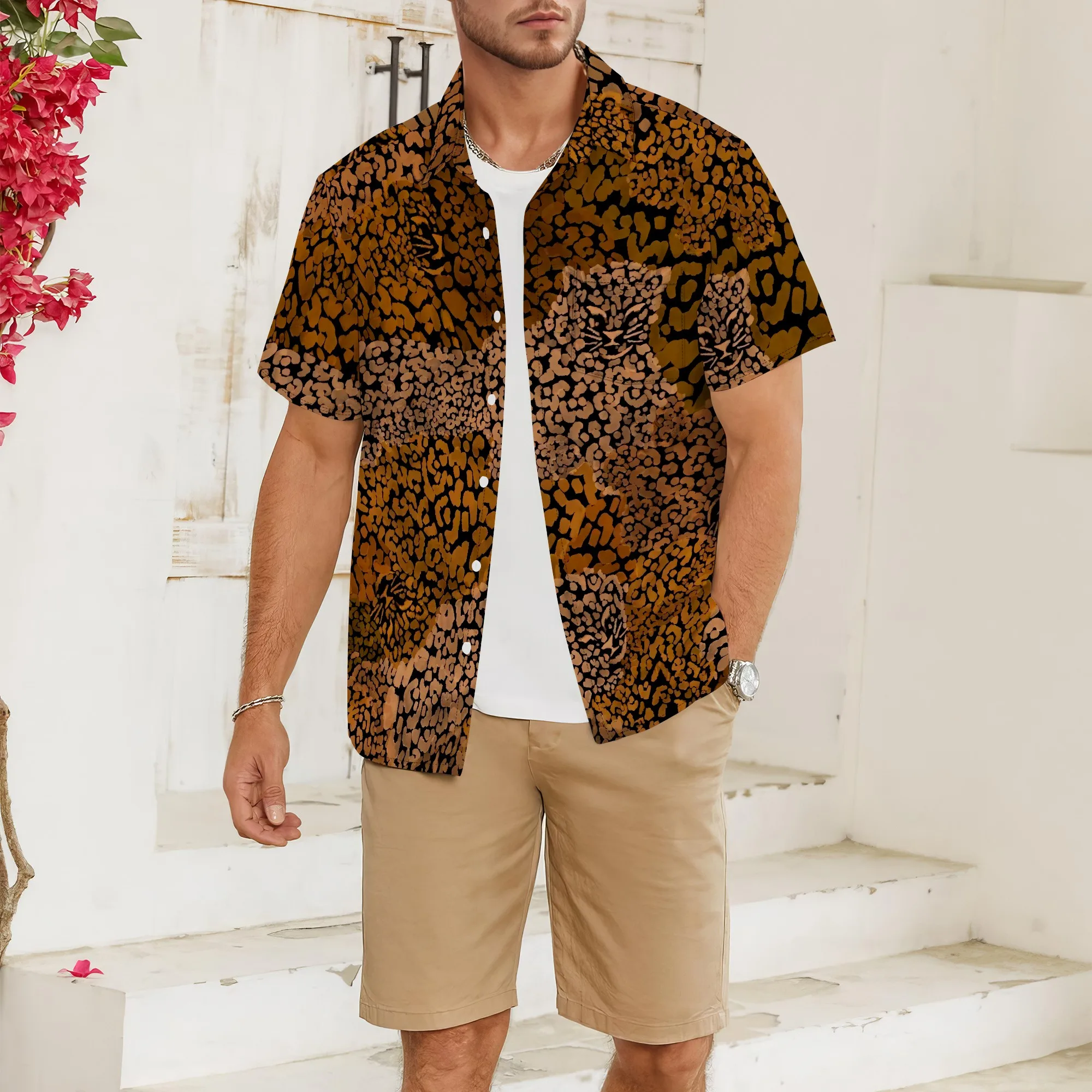 Men's Casual Striped Shirts Button Down Short Sleeve Blouse Summer Hawaiian Shirt S-3XL